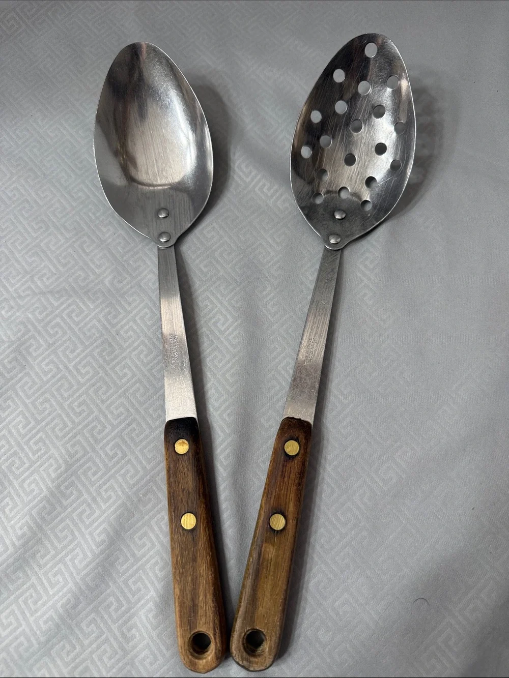 Vtg Robinson Knife Co Wood Handle Stainless Steel Serving Spoons Set of 2  USA